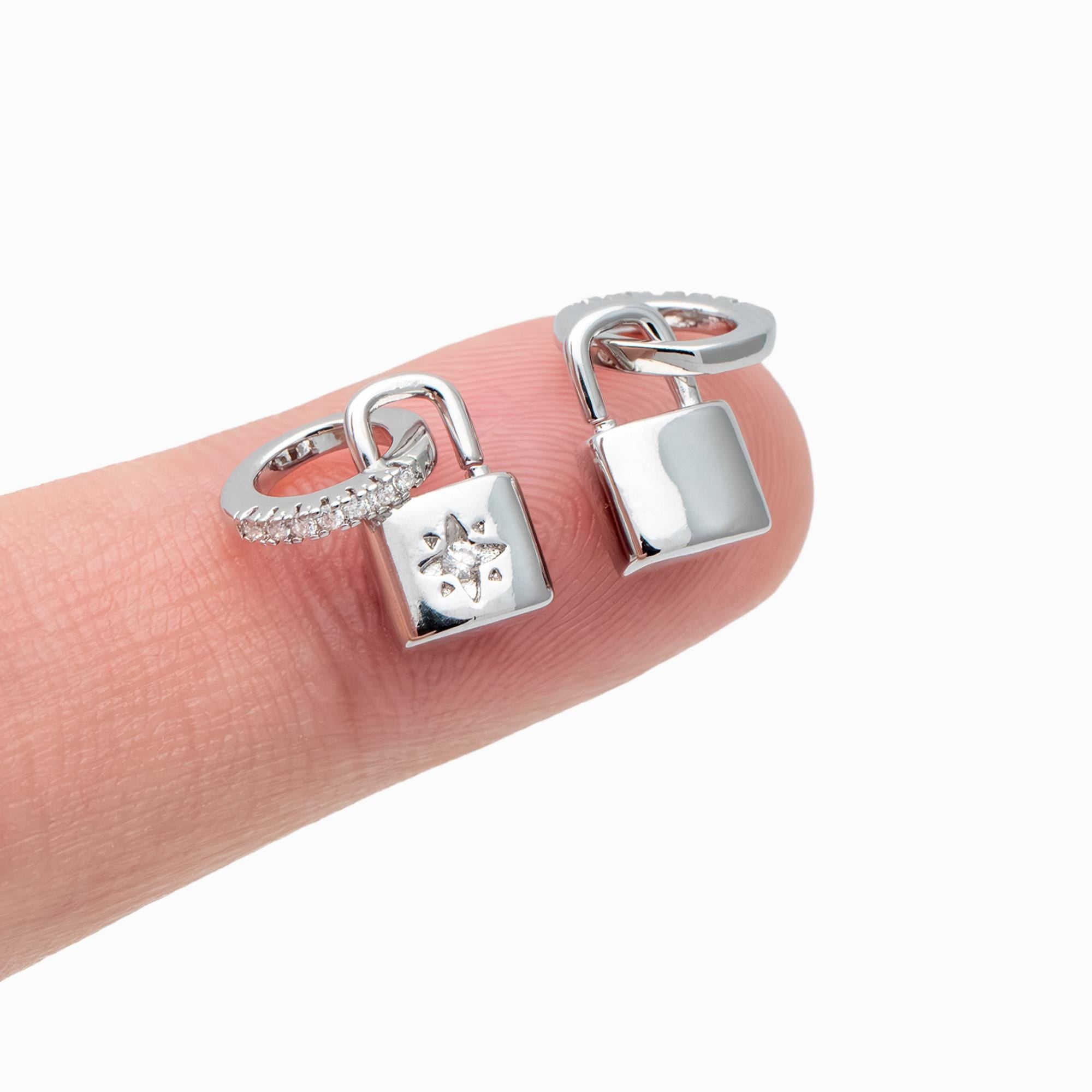 4pcs CZ Pave Gold/ Silver Tone Lock Charm, Padlock charm 17x9mm, Real Gold/ Rhodium plated Brass (GB-751-D)